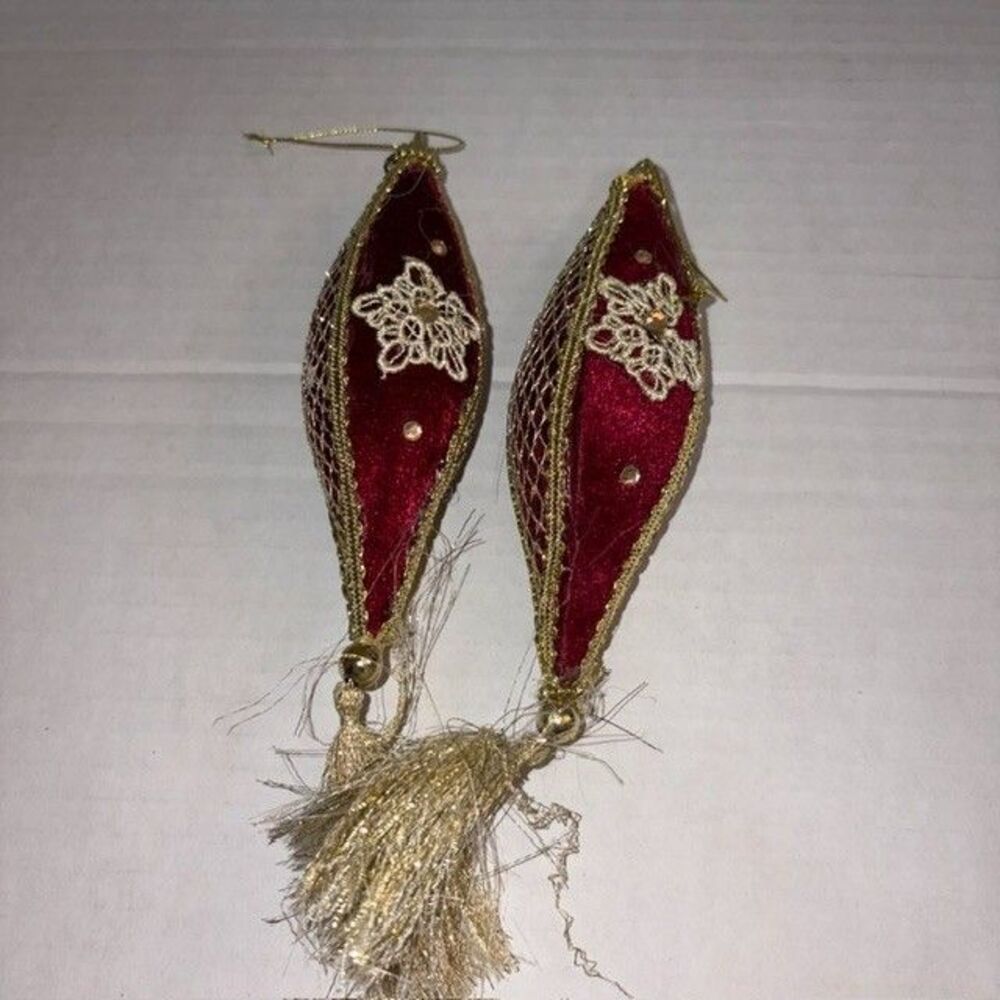 Vintage Style Victorian Velvet Lace Red Maroon Gold Christmas Ornaments Lot of 2